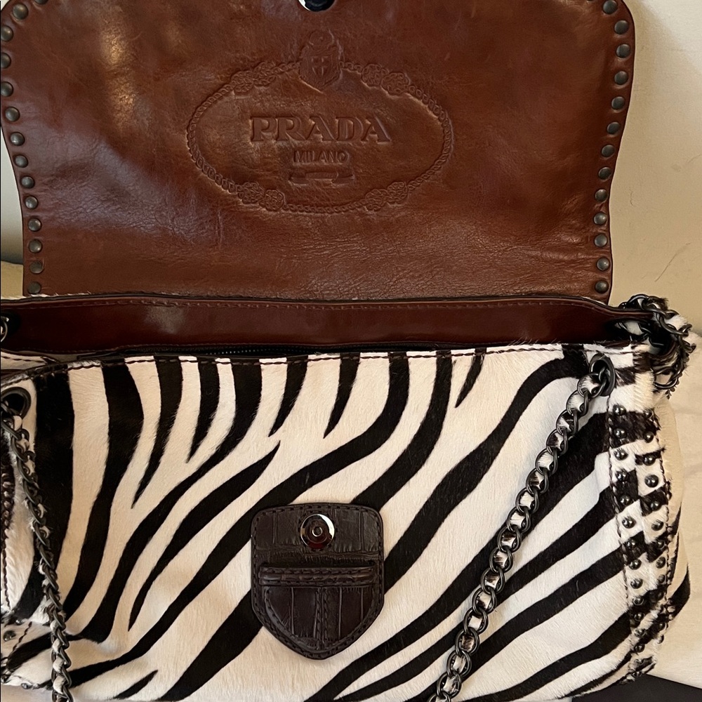 NEW PRADA Zebra print studded calf leather bag - Picture 7 of 12